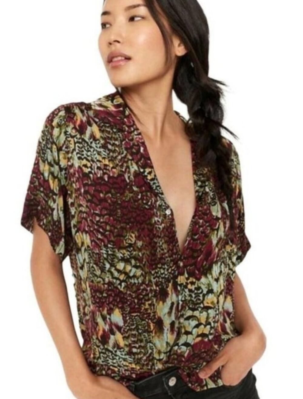 Anthropologie Tiny Postcard Satin Polo Short Sleeve Button Up V Neck Medium